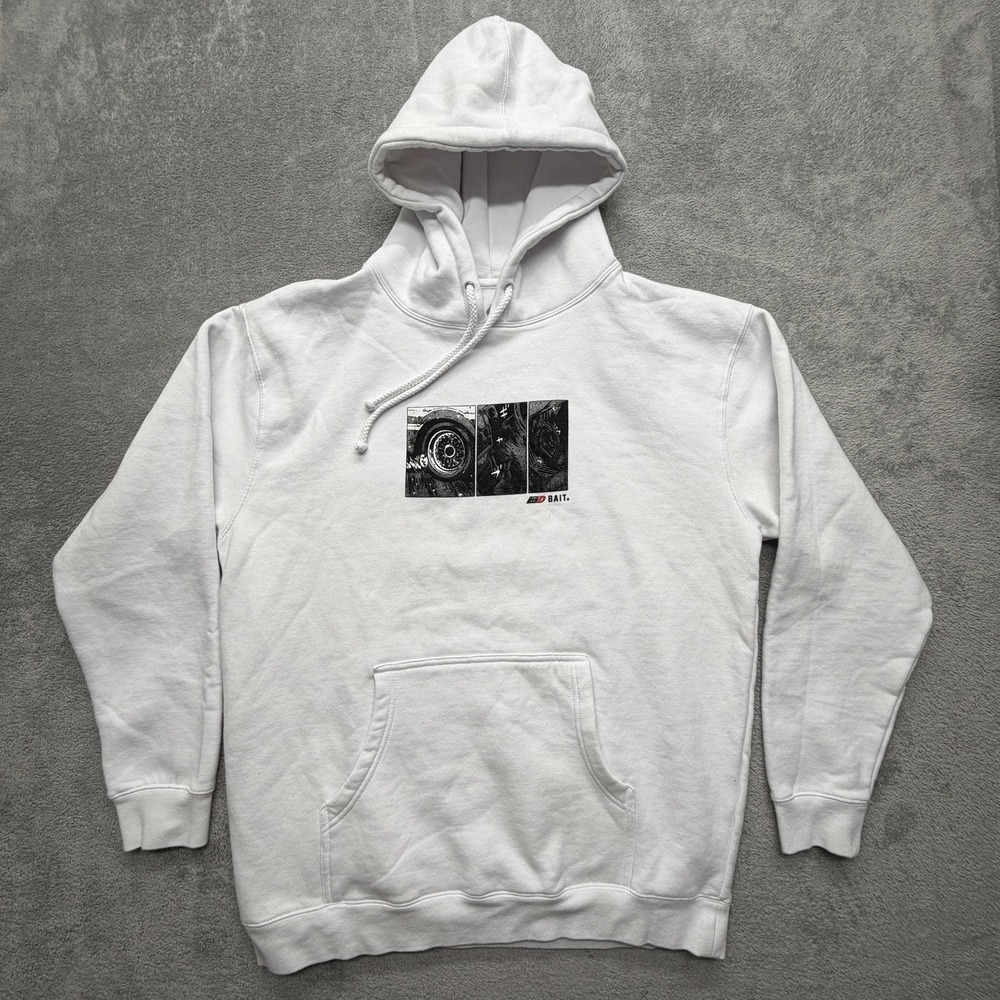 BAIT Initial‎ D Hoodie Mens Large White Fleece Sweatshirt Anime Cars Graphic
